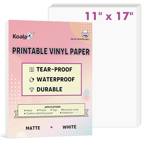 KOALA PAPER Printable Waterproof Paper for Inkjet Printer, 11x17 In 30 Sheets Matte White Vinyl Printer Paper, Non-Tearable, Durable, Quick Drying