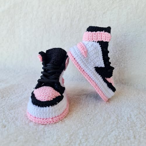 Pink Crochet Baby Sneaker Booties, Retro Basketball Newborn Socks, Customizable Knit Shoes, Baby Shower Gift, Slip-on Shoes Infants4
