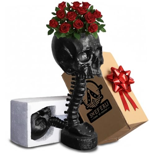 Macetero gótico de calavera con diseño de esqueleto gótico de 11.6 pulgadas de alto, una pieza central de calavera para mesa o un jarrón de flores de Halloween, maceta gótica negra única entre muchas