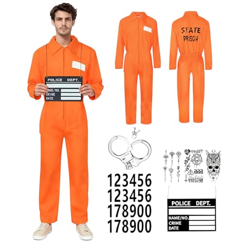 Sifxouped Sträfling Kostüm Herren Orange Overall mit Namensschild Sträfling Kostüm Herren Orange Gefangener Kostüm für Erwachsene Damen Karneval (XXL)