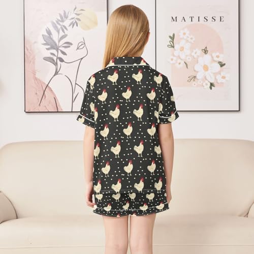 Retro Simple Chicken Summer Satin Pajama Set, Cute Button-Down Sleepwear Pj Set for Sleep Wears4