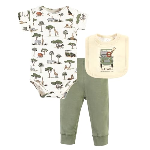 Image of Hudson Baby Unisex Baby Cotton Bodysuit, Pant and Bib Set, Going On Safari, Newborn