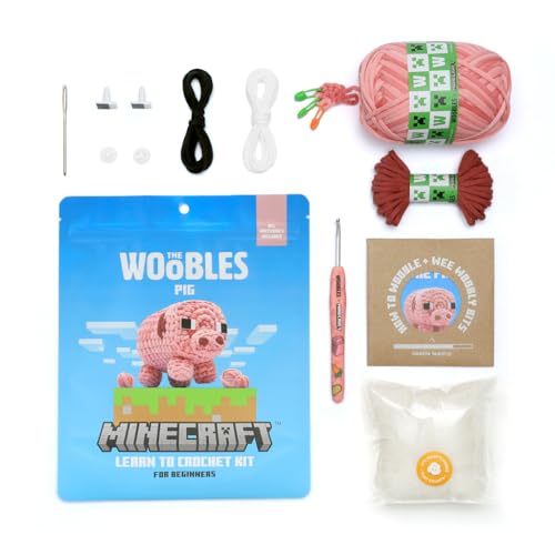 Image of The Woobles Minecraft Crochet Kit - Beginner Crochet Kit for Adults and Young Crafters, Easy Knitting Kit with Woobles Yarn, DIY Crafts, Crochet Animals, Minecrafts, Gift for Gamers & Crafters (Pig)