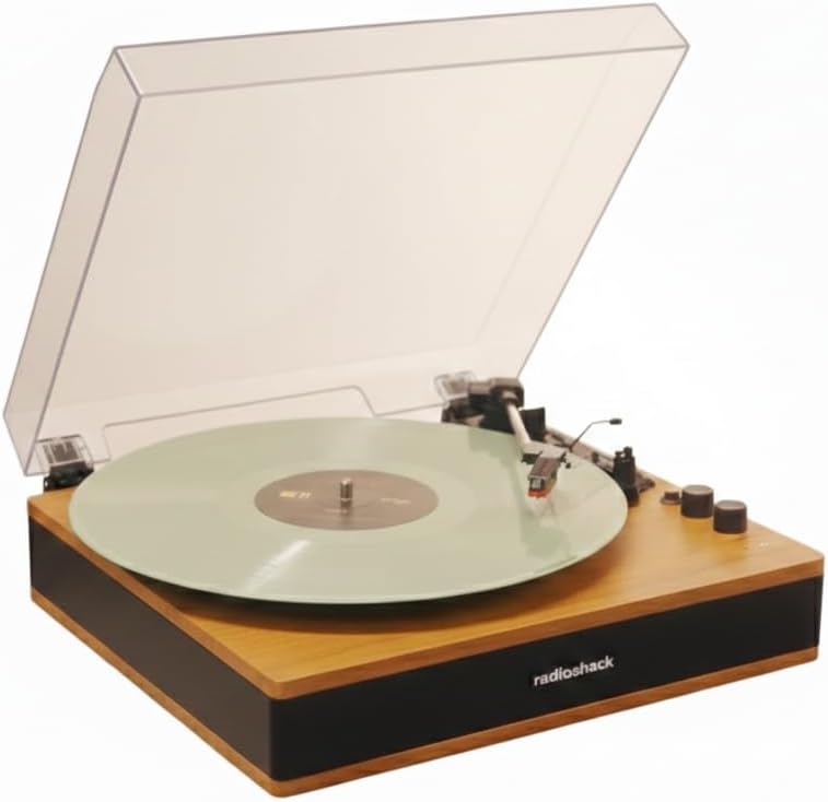 RadioShack Retro Turntable with Bluetooth Input and Output, 3-Speed Vinyl Playback, Built-in Speakers, RCA and AUX Output, Transparent Dust Cover, Model 4001797