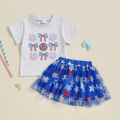 Image of Kayotuas Toddler Baby Girl 4th of July Outfit American Flag Shirt Red Blue Stars Tulle Tutu Skirts Kids Fourth of July Dress