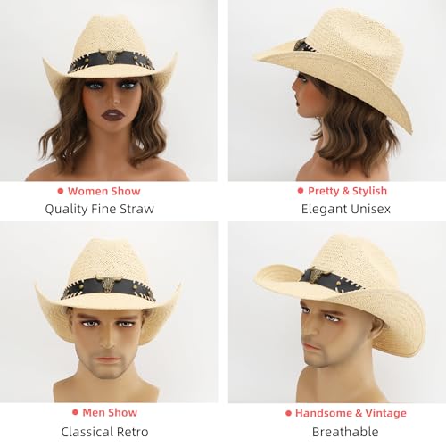 Image of Straw Cowboy Hat, Western Cowgirl Hat, Wide Brim Sun Beach Hat for Men and Women