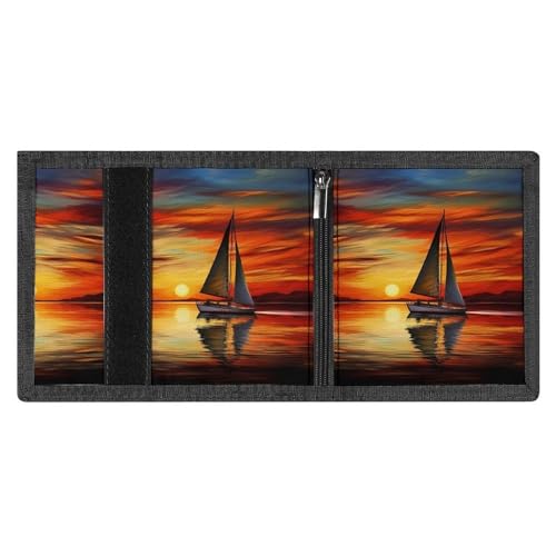 RLDOBOFE Sunrise Sailing Boat Trifold Wallet Minimalist Mens Wallet with Key Hook 8 Card Slots Modern Stylish Polyester Security Wallets Fashion Slim Credit Card Holder Id Window