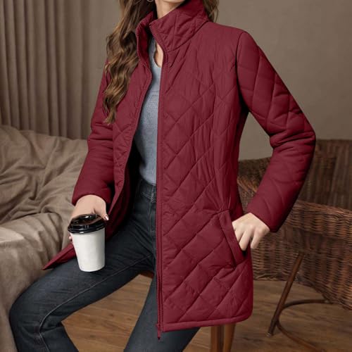 Winter Coats for Women Zip up Stand Collar Lightweight Puffer Jacket Long Sleeve Solid Splice Quilted Down Coat2