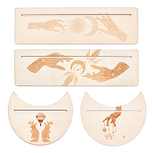 GORGECRAFT 4 Pieces Wooden Tarot Card Stand Holder Moon and Hand of Hope Pattern Tarot Card Altar Stand Rectangle Moon Shape Tarot Card Display Holder for Witch Divination Tools Ceremonial Supplies