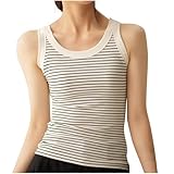 Womens Ribbed Knit Tank Tops Striped Scoop Neck Slim Fitted Tops Casual Basic Sleeveless Tank Shirts Going Out Tops White