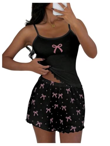 Image of OYOANGLE Women's Bow 2 Piece Pajama Set Summer Lounge Sleepwear Sets | Cute Pjs, Cami Top and Shorts Sets, Comfy Loungerwear