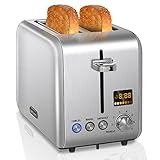 SEEDEEM Toaster 2 Slice, Stainless Steel Bread Toaster with Colorful LCD Display, 7 Bread Shade Settings, 1.4'' Extra Wide Slots Bagel Toaster with Cancel/Bagel/Defrost/Reheat Functions, Removable Crumb Tray, 900W, Silver Metallic