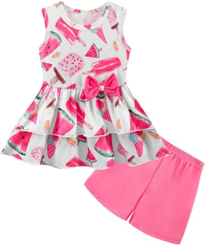 Image of Girls 2 Piece Outfit Summer Short Set Sleeveless Bow Knot Tank Top and Shorts Cute Clothes for Toddler Girls