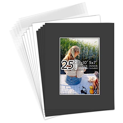 Golden State Art 25 Pack Black Mat 8x10 for 5x7 Photo Matte+Backings+Bags