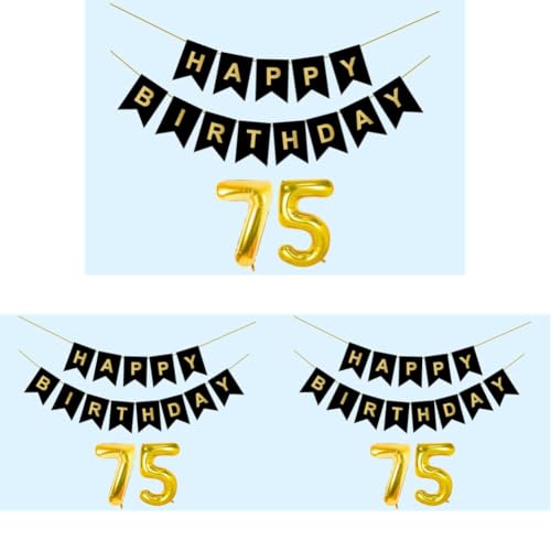 Image of Mystic Toy Store 75th Happy Birthday Decoration Kit Black for 75 year Old Men Women Adults with Number Seventy-five Party Decorations Decor Celebration Items Item Set Combo Reusable Paper Banner