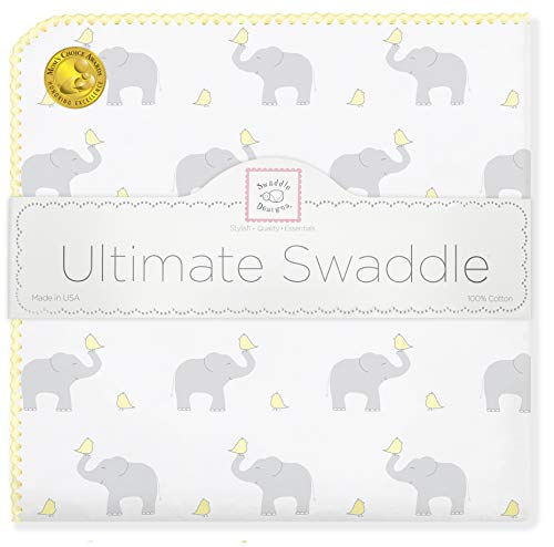 Image of SwaddleDesigns Ultimate Winter Swaddle, X-Large Receiving Blanket, Made in USA, Premium Cotton Flannel, Elephant and Pastel Yellow Chickies (Mom's Choice Award Winner)