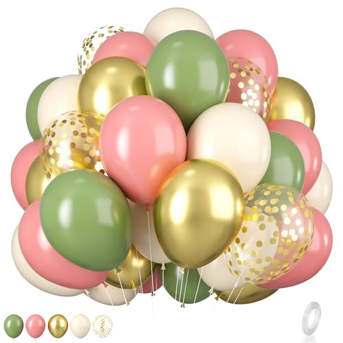 Pink and Green Balloons, 12 Inch Sage Green Dusty Pink Metallic Gold Balloons Set, Olive Green Pink Sand White Gold Confetti Balloons for Jungle Birthday Baby Shower Wedding Party Decorations