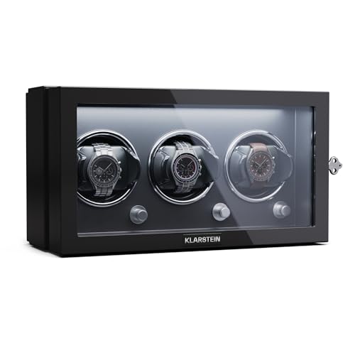 Klarstein Uhrenbeweger für Automatikuhren, Automatik-Uhrenbeweger für 3 Uhren, Automatikuhr Uhrenbeweger mit Acryl-Tür, Automatischer Uhrenbeweger, Blaue LEDs, Watch Winder mit 5 TPD Einstellungen