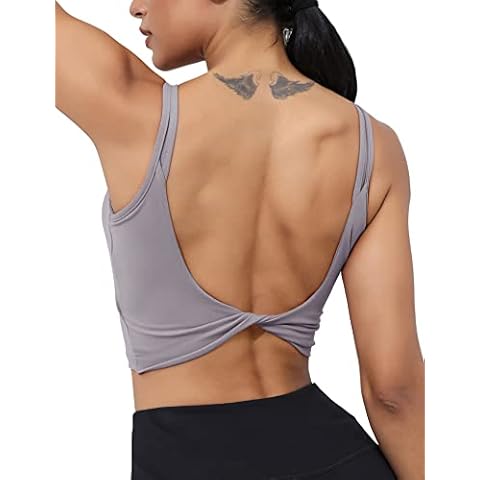 LUYAA Padded Tank Tops for Women Workout Bras Backless Cropped Sport Yoga Gym Tanks Seamless Cami Bra Gray Purple M Cover