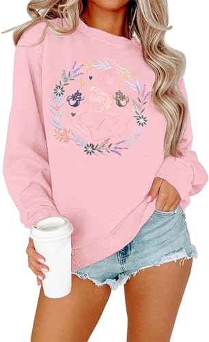 Image of BANGELY Fantastical Sweatshirt Women Cute Embroidered Fantastical Princess Sweater Family Vacation Shirt Long Sleeve Top