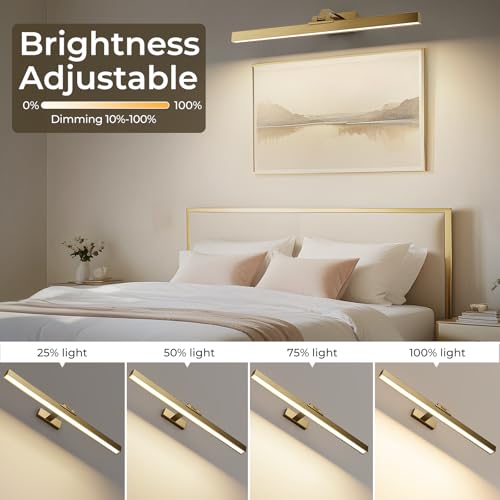 Image of Afyuol Picture Lights for Wall, Brass Battery Operated Picture Light 24in Art Light CCT Dimmable Recharging Battery Wall Light with Remote Control for Living Room Gallery