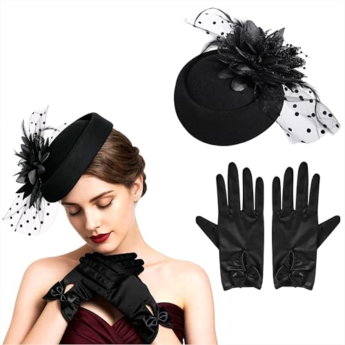 Qzakce Fascinador Sombrero y Guantes de Encaje para Niñas y Mujeres, Vintage Elegante Clip Hat Fascinator Negro con Plumas de Flores para Fiesta de Té, Boda, Cóctel, Accesorios de Disfraces