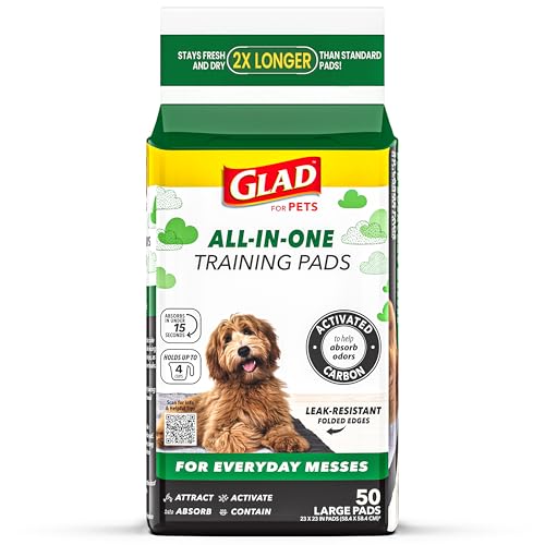 Glad for Pets Black Charcoal Puppy Pads - Super Absorbent Disposable Dog Pee Pads, Potty Training Pads, and Pet Supplies - Dog Pee Pads for Crate Training and Indoor Use 23' x 23' - 50 Count