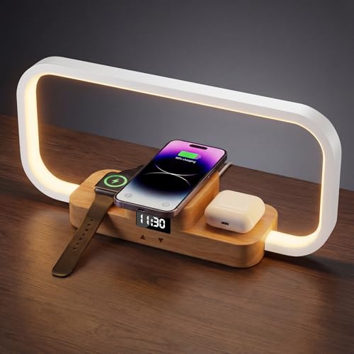 LED Bedside Lamp with Wireless Charger, 3-in-1 Touch Control Table Lamp with Clock, Dimmable Nightstand Lamp with 5 Color Modes, Modern Bedroom Desk Lamp, Gift for Women & Men,Wooden,Adapter Included