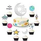Vetwo 25pcs Over the Moon Cake Topper Outer Space Happy Birthday Cupcake Decor Love You to The Moon