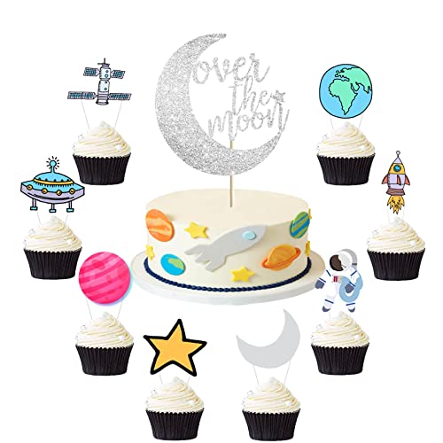 Vetwo 25Pcs Over The Moon Cake Topper Outer Space Happy Birthday Cupcake Decor Love You To The Moon And Back/Astronaut/Space Man/Robot Themed Gender Reveals Baby Shower Party Cake Supplies Decorations #TOP8