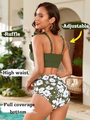 Women 2 Piece High Waisted Bikini Set, Floral Ruffle Tummy Control Swimsuit, Ruched Modest Full Coverage Bathing Suit3