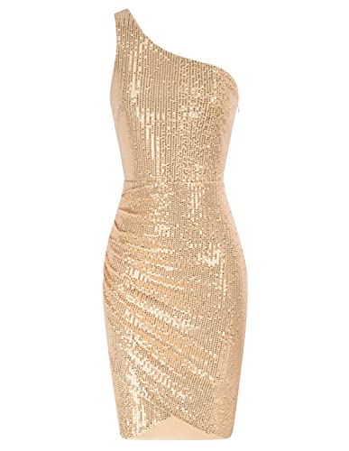 GRACE KARIN Vestido Corto de Lentejuelas con Cuello V para Mujer Vestido de cóctel Elegante con diseño Plisado Dorado M