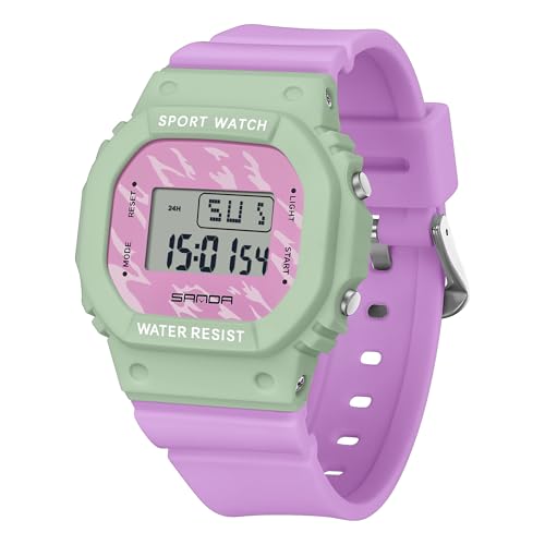 Unisex Fashion Square Digital Watch for Women Men, LED Backlight Alarm Stopwatch Date/Day Display, 50M Waterproof Casual Military Wristwatch (Purple Green)