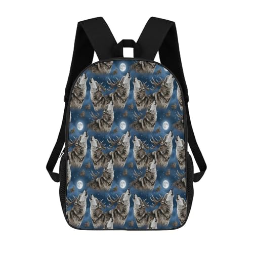 Mens Full Moon Deer Wolf Backpack, Adjustable Spacious Shoulder Bag with Pockets and Handle, Cool Multi-Functional Backpacks for Gym