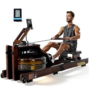 ISE Wasser Rudergerät für Zuhause aus Gummibaumholz, Wasserrudergerät mit LED Display & APP, Leise & Platzsparend, Premium Heimtrainer mit Verstellbarer Tablethalterung 120kg belastbar