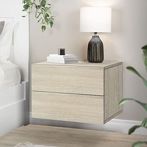 ML-Design Mesilla de Noche 42x29x30 cm Beige Aspecto de Roble Somona Armario Colgante 2 Cajones Cómoda Mesita Flotante Armario de Pared Cajonera Mueble Auxiliar Organizador para Dormitotio o Salón
