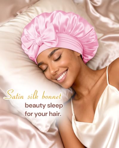 Image of BONNET QUEEN Double Layer Silk Bonnet for Sleeping for Women Satin Lined Bonnet Night Cap for Curly Hair with Tie Band,Pink