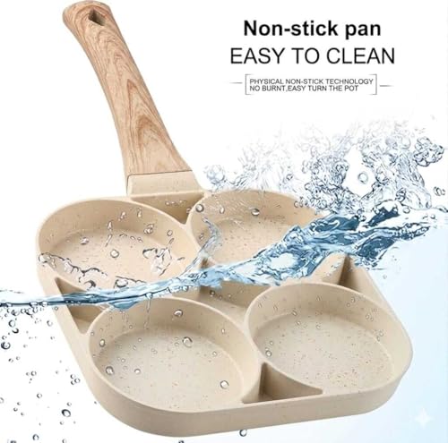 Image of Niyam 4 Hole Non Stick Egg Frying Pan with Wooden Texture Handle, Granite Coated Multi Section Omelet Pancake Pan, Induction and Gas Compatible Breakfast Skillet Cooking Pans (White B, 17cm)