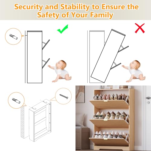 Image of BORNOON Entryway Shoe Cabinet with 3 Flip Drawers, Narrow Shoe Organizer Cabinet with Fluted Panel and Adjustable Shelves for Foyer, Hallway