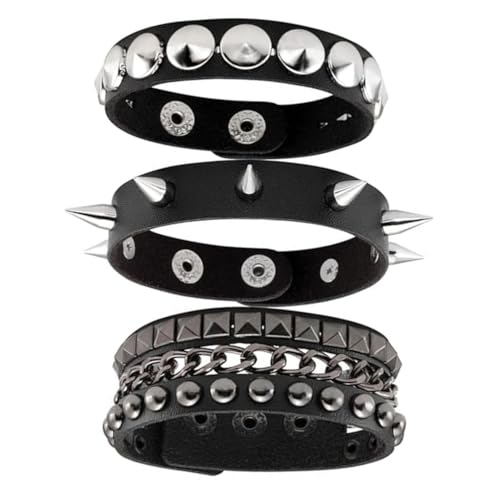 Fenglin-joy Punk Rock Armband, 3 Stück Punk Armband Nieten Gothic Punk Nietenarmband PU Lederarmband für Männer Frauen Größe einstellbar (Schwarz)