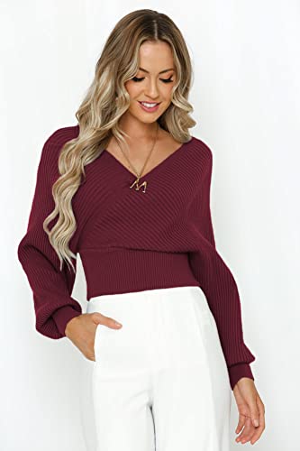 Image of ZAFUL Womens V Neck Cropped Wrap Sweaters Drop Shoulder Lantern Sleeve Pullover Tops Winter Sexy Cross Ribbed Clothes