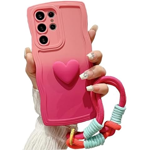 LALAPOPO for Samsung Galaxy A14 5G Gradient Wavy Case with Wrist Strap Lanyard, Cute Love Heart Wave Curly Frame Design for Women Girls Soft Silicone Camera Protection Phone Cover, Pink/Red Cover