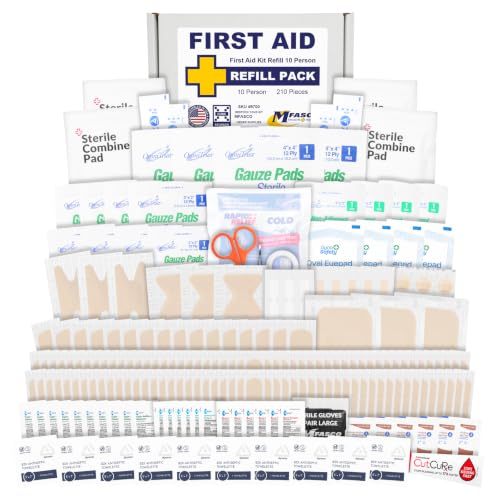 MFASCO First Aid Kit Refill Pack - Complete 200+ Items for Small to Medium Boxes - Bandages Gauze Antiseptics - Quality Supplies - Assembled in USA - Compact 2 Pounds - 10 x 7 x 3 inches