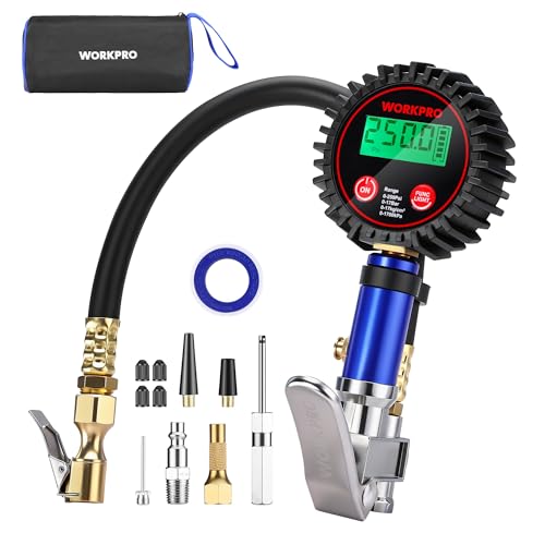 WORKPRO 12PCS Digital Tire Pressure Gauge with Inflator, 250 PSI, Heavy Duty Air Compressor Attachments with Storage Bag, Tire Gauge with Brass Air Chuck and Rubber Hose for Vehicles and Inflatables