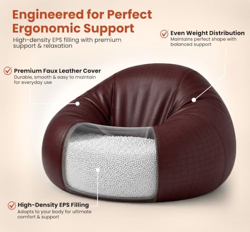 Image of Sattva Classic 2XL Sofa Style Bean Bag Chair with Beans Filled | Faux Leather Bin Bags Sofa with Filled Beans | Large Beanbags for Adults, Home & Office | Pre-Filled Beans Bag - Maroon