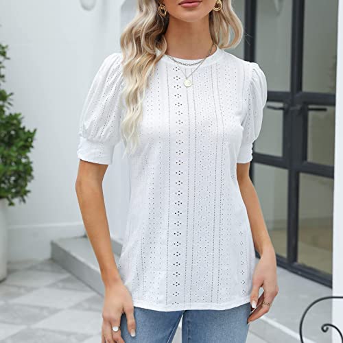 Blusa feminina de verão com gola redonda e manga bufante elegante túnica de manga curta, Branco, P