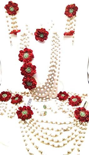 Urbalaa Floret Red, White Gota Patti Necklace, Earrings, Hath Phool, Kamarband & Maang Tika(7 Items) for Women & Girls (Mehandi/Haldi)