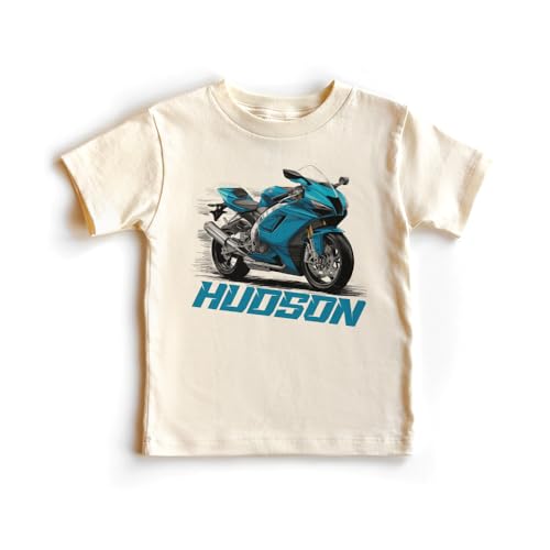 Personalized Blue Sport Bike Kids Shirt - Custom Name Race Motorcycle Birthday Outfit For Boys - Natural Toddler Youth Kids Clothing