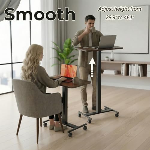 Image of HUANUO Small Rolling Laptop Standing Desk, Height Adjustable Mobile T-Base Desk with Lockable Casters, Portable Sit-Stand Workstation for Bedside & Sofa, Walnut (Pack of 2)