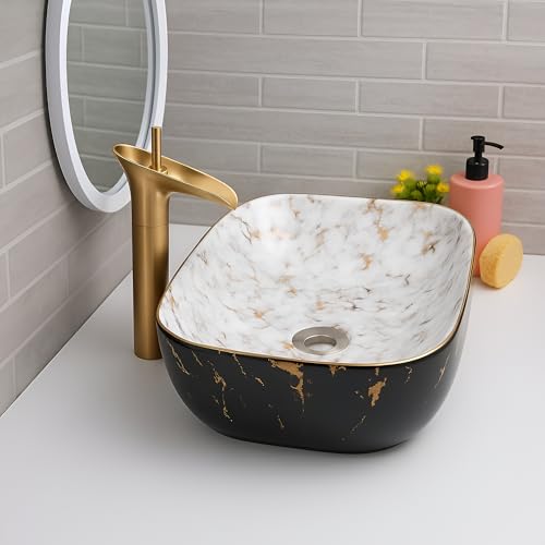 SEA SHORE Modern Black & White Gold Ceramic Table Top Sink – Slim Rim Over Counter Wash Basin (18 x 13 x 5.5 Inch)